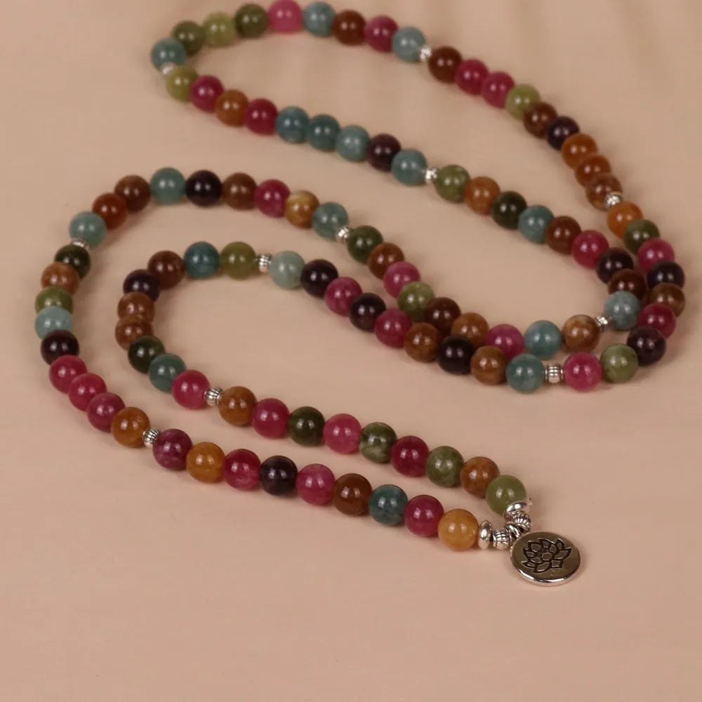 Tourmaline coloured alloy bracelet with 108 beads in lotus hanging multi-layer design