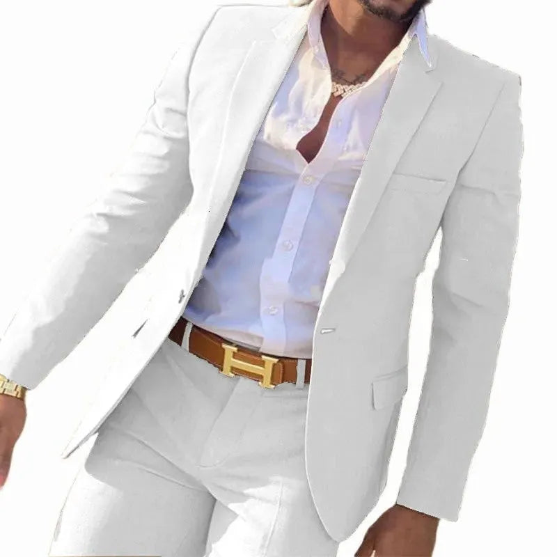 Men's multicolour cotton banquet suit jacket and trousers on a hanger, showing various available colours.