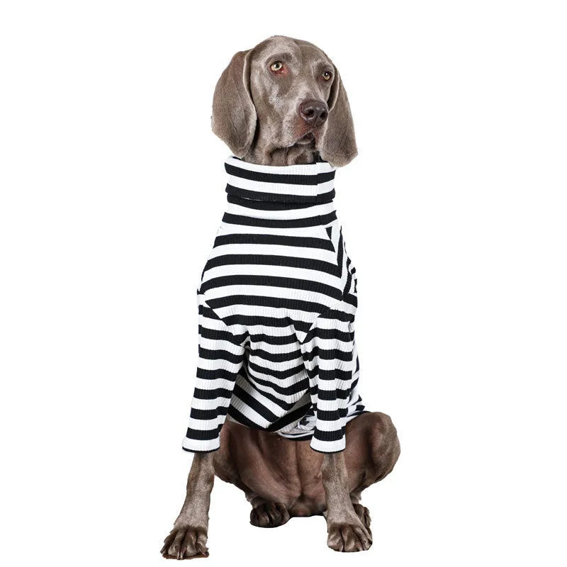 Thin black and white polyester dog clothing for large breeds showing size options