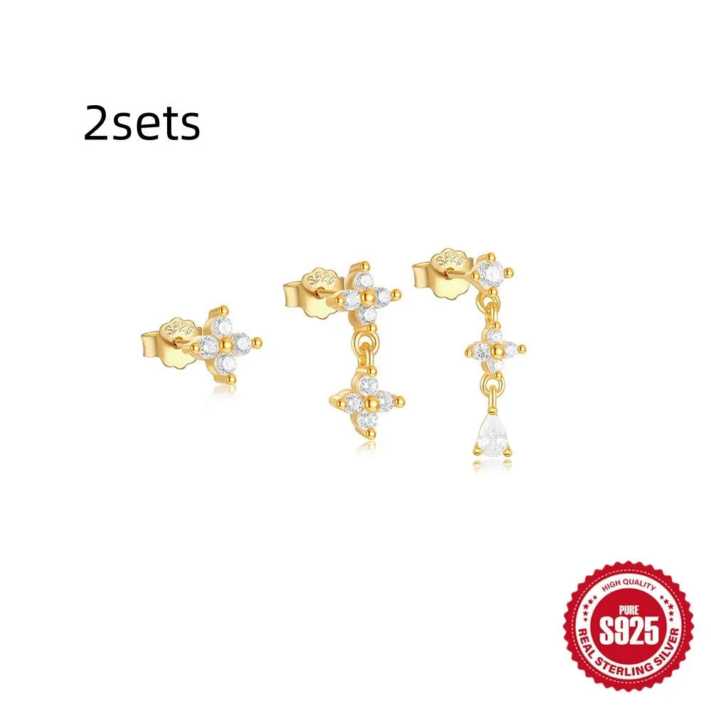 S925 sterling silver geometric zircon tassel earrings for women in gold colours