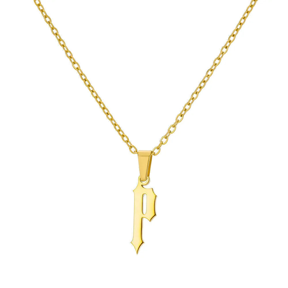 Gold stainless steel ancient English letter pendant necklace with O-ring chain on white background