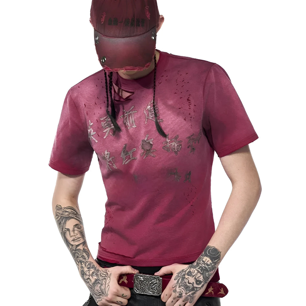 Men's red distressed slim-fit t-shirt with spray washed detailing and short sleeves
