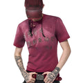 Men's red distressed slim-fit t-shirt with spray washed detailing and short sleeves