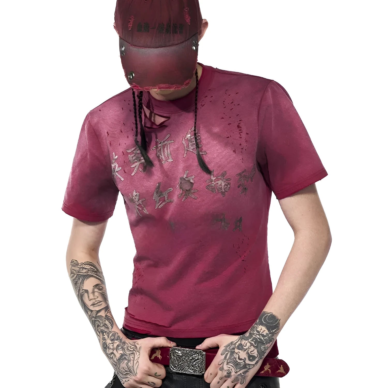 Men's red distressed slim-fit t-shirt with spray washed detailing and short sleeves
