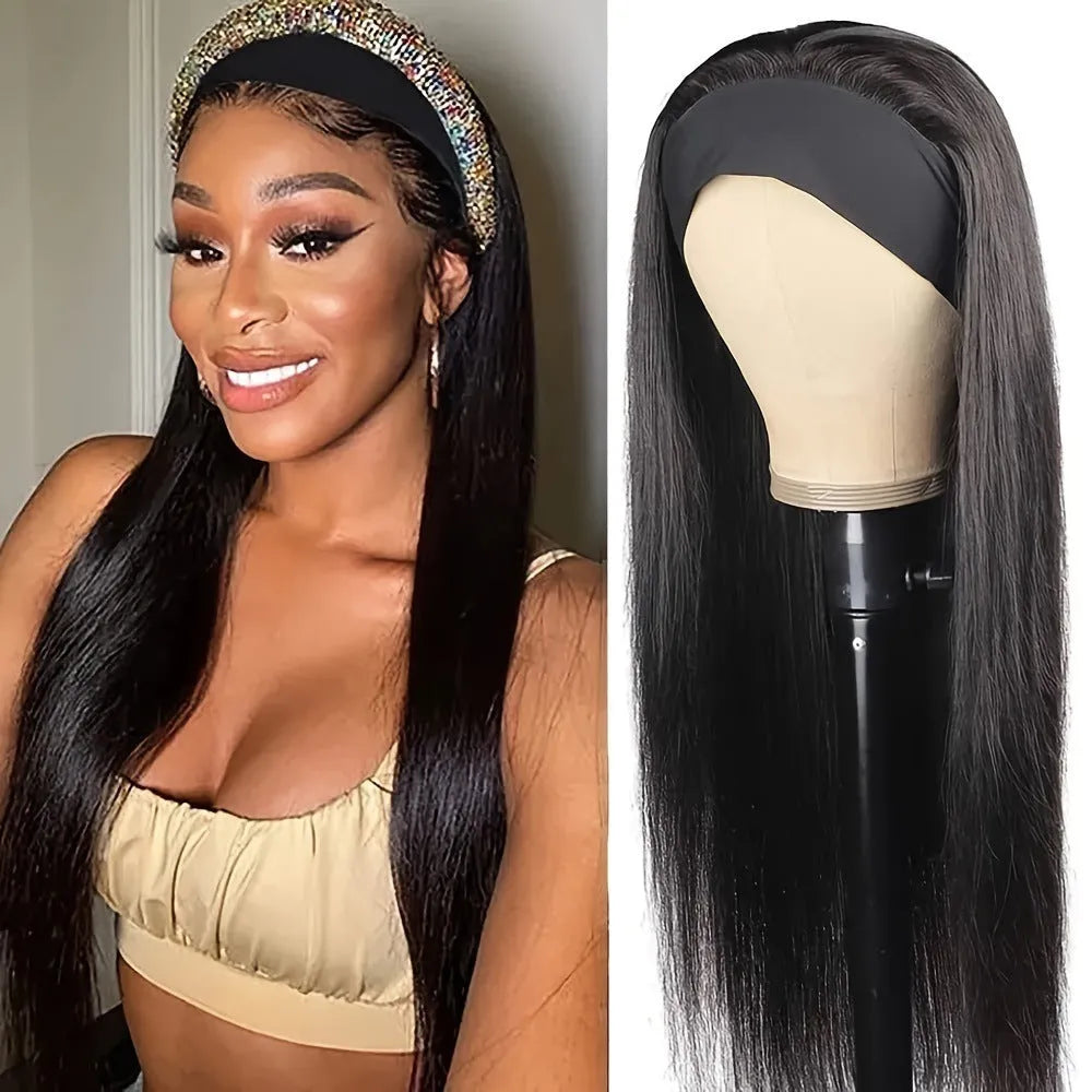 Headband wig with long straight black hair and integrated headband