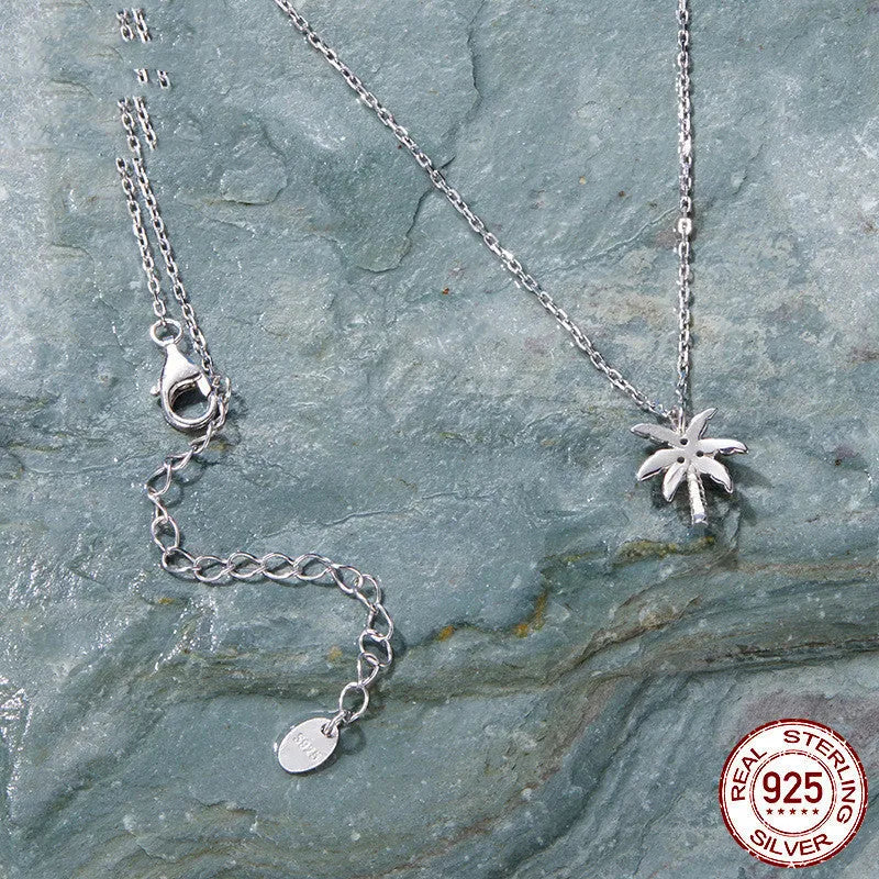 925 sterling silver white gold plated coconut tree necklace with opal pendant on O-shaped chain