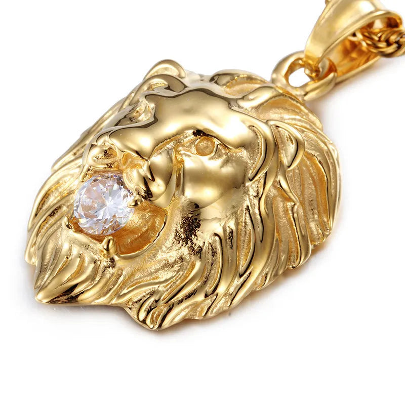 Gold alloy diamond lion's head men's pendant necklace with geometric shape