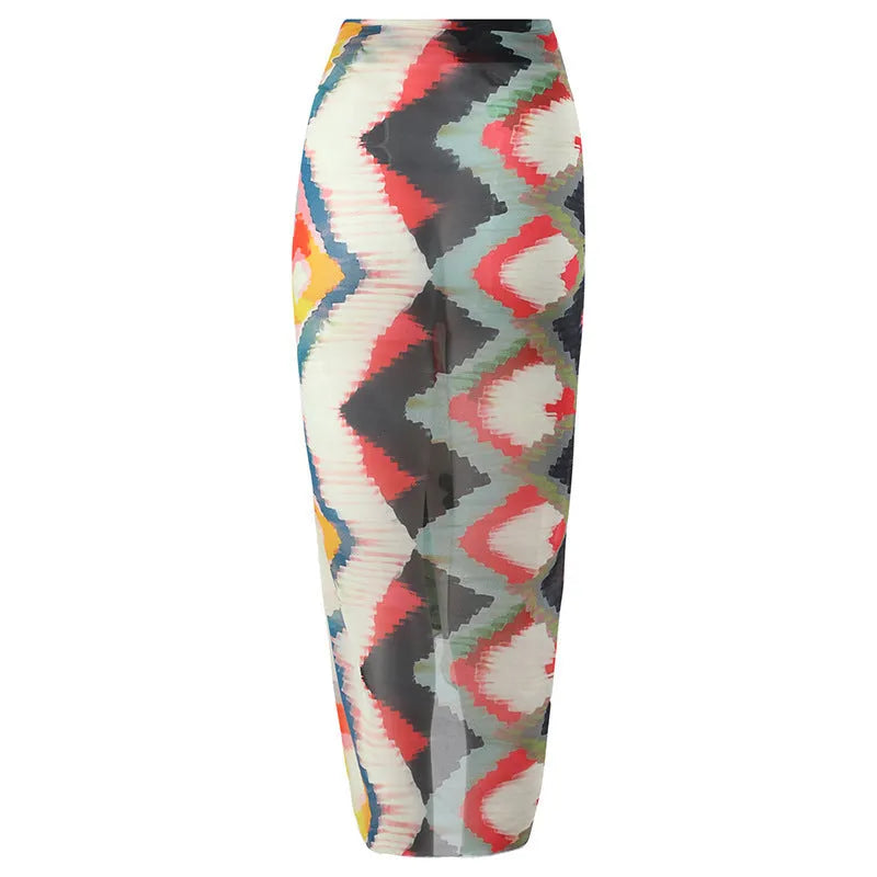 Women's two-piece swimsuit set with striped hip skirt in quick-drying polyester fabric.