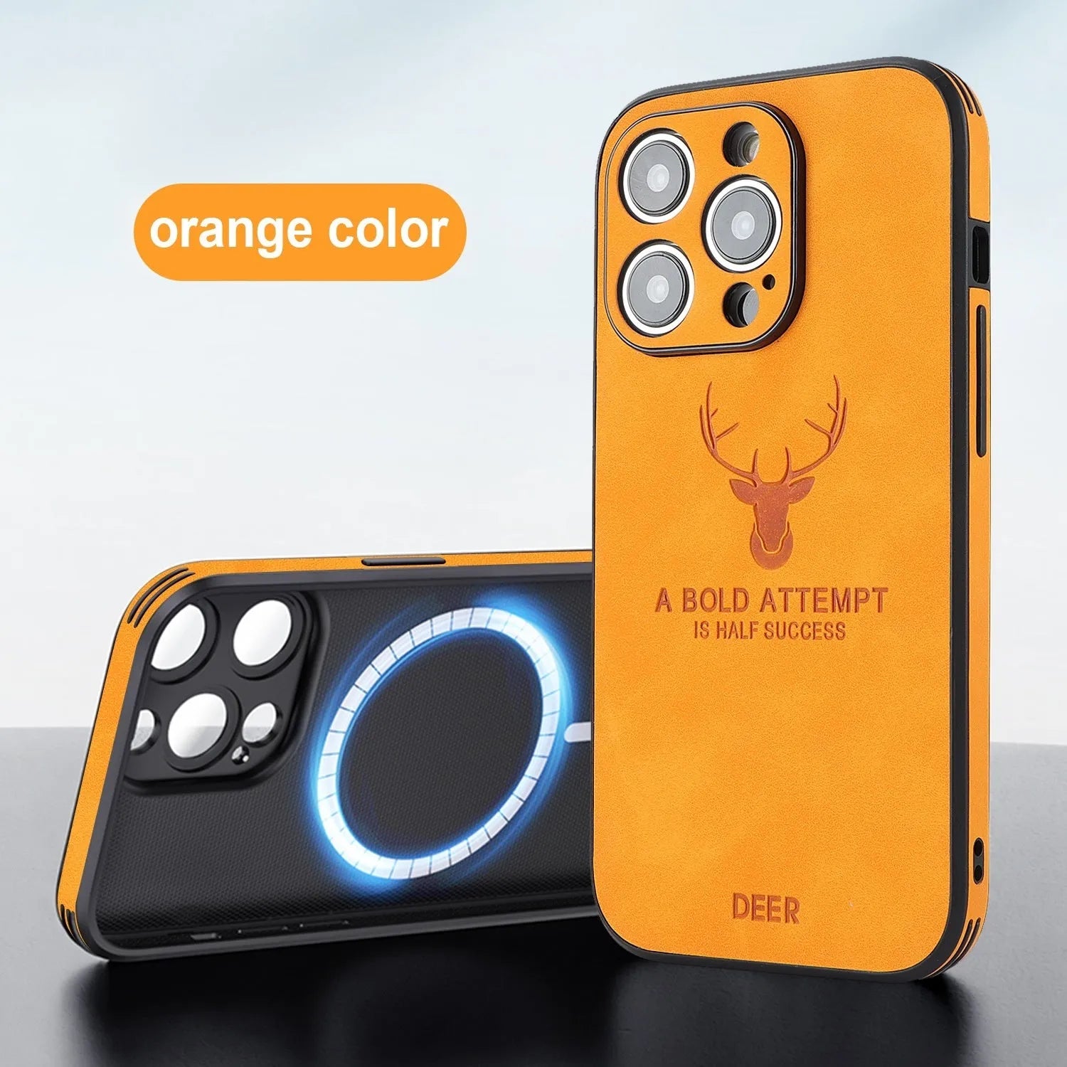 iPhone 16 series magnetic charging phone case with embossed brown moose head design on imitation leather.