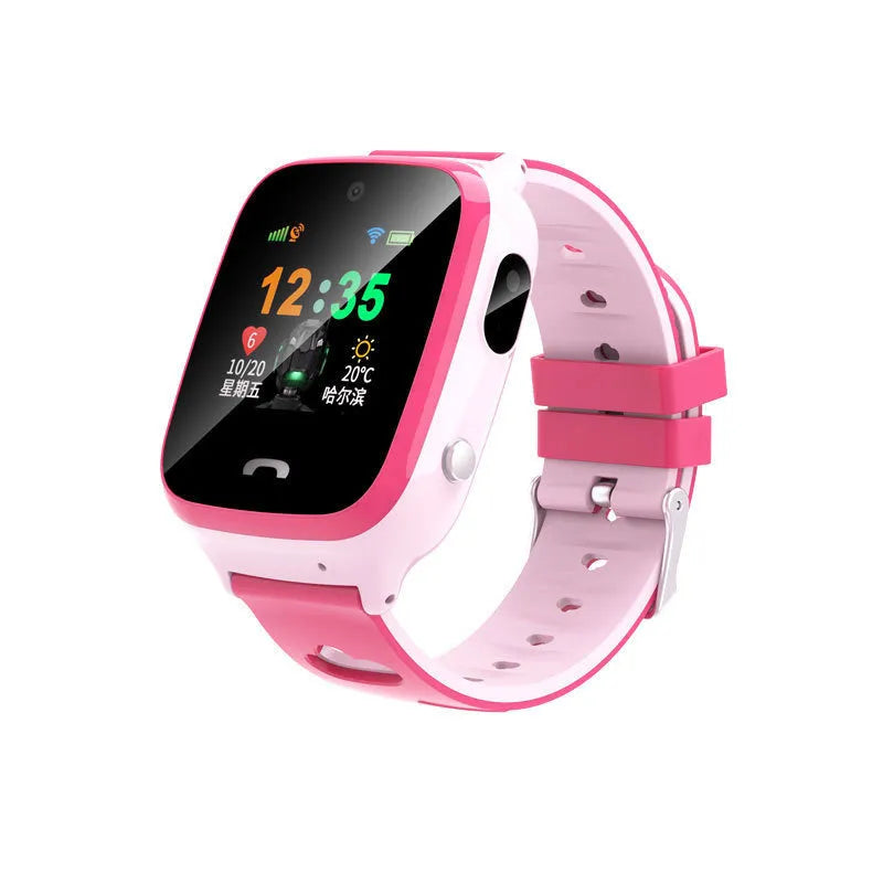 Blue children's smartwatch phone with touchscreen showing time, on a silicone wristband.