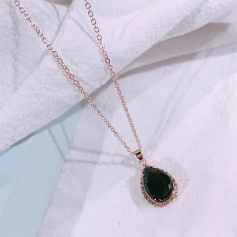 Women's rose gold water drop rhinestone necklace with geometric design and artificial gemstone inlay