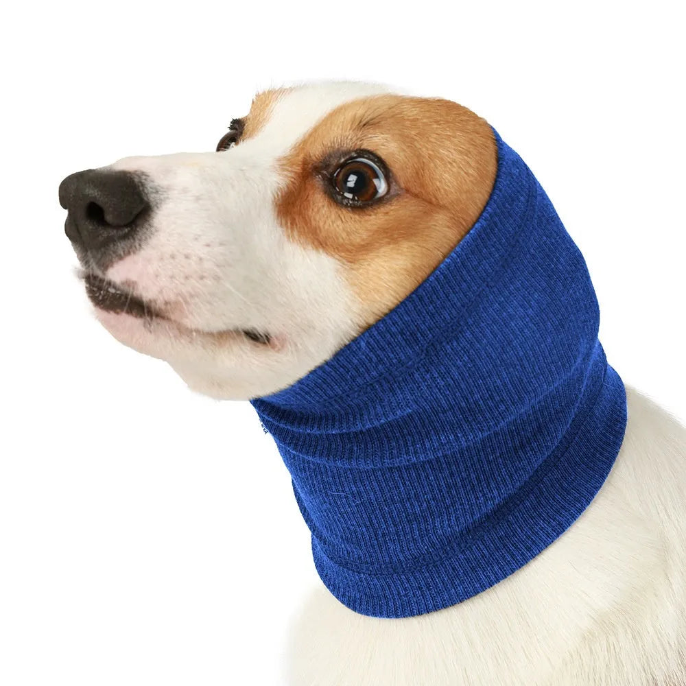 Blue and grey polyester dog head cover in three sizes for canine head protection