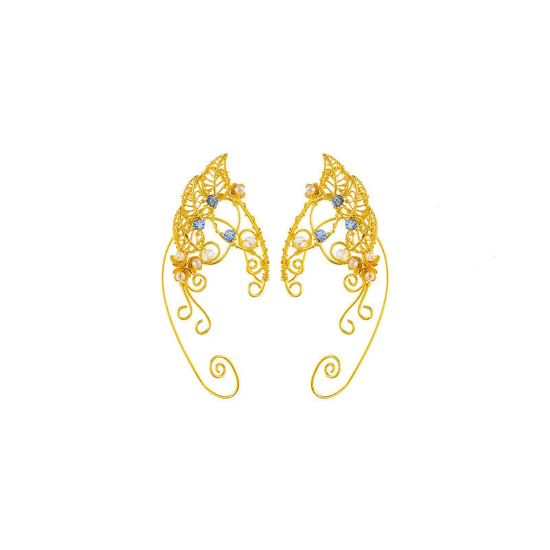 Handmade leaf shaped elf ear clip in gold pair with electroplated finish on woman
