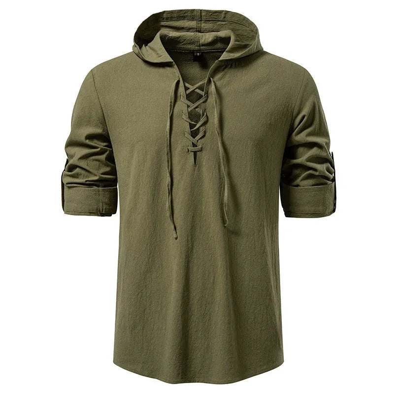 Men's cotton-linen long sleeve shirt with medieval pirate drawstring in khaki colour, slim fit, front view