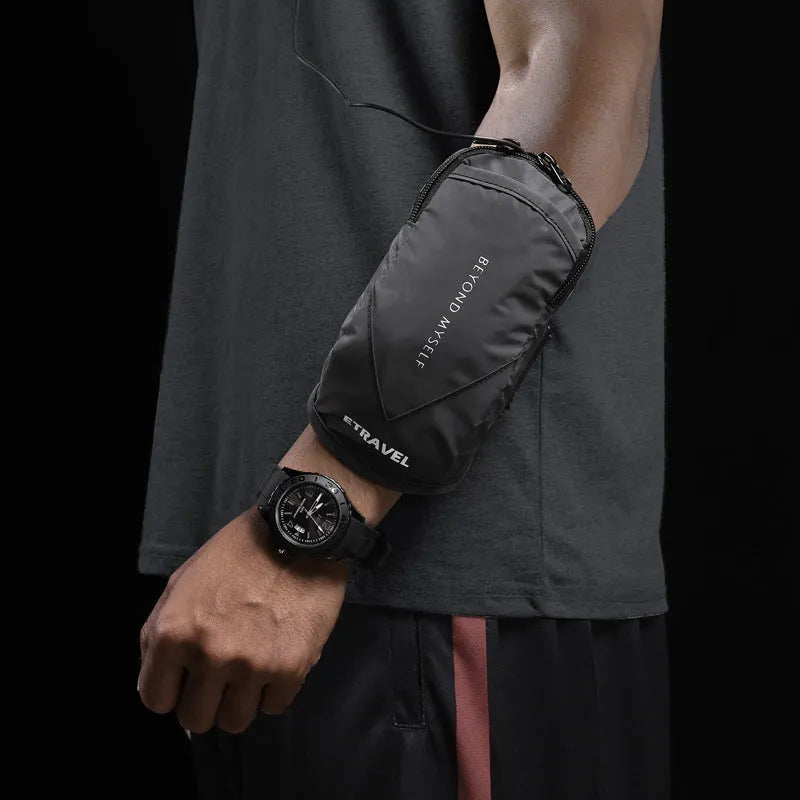 Reflective running arm bag with adjustable strap showing capacity for 7-inch phones