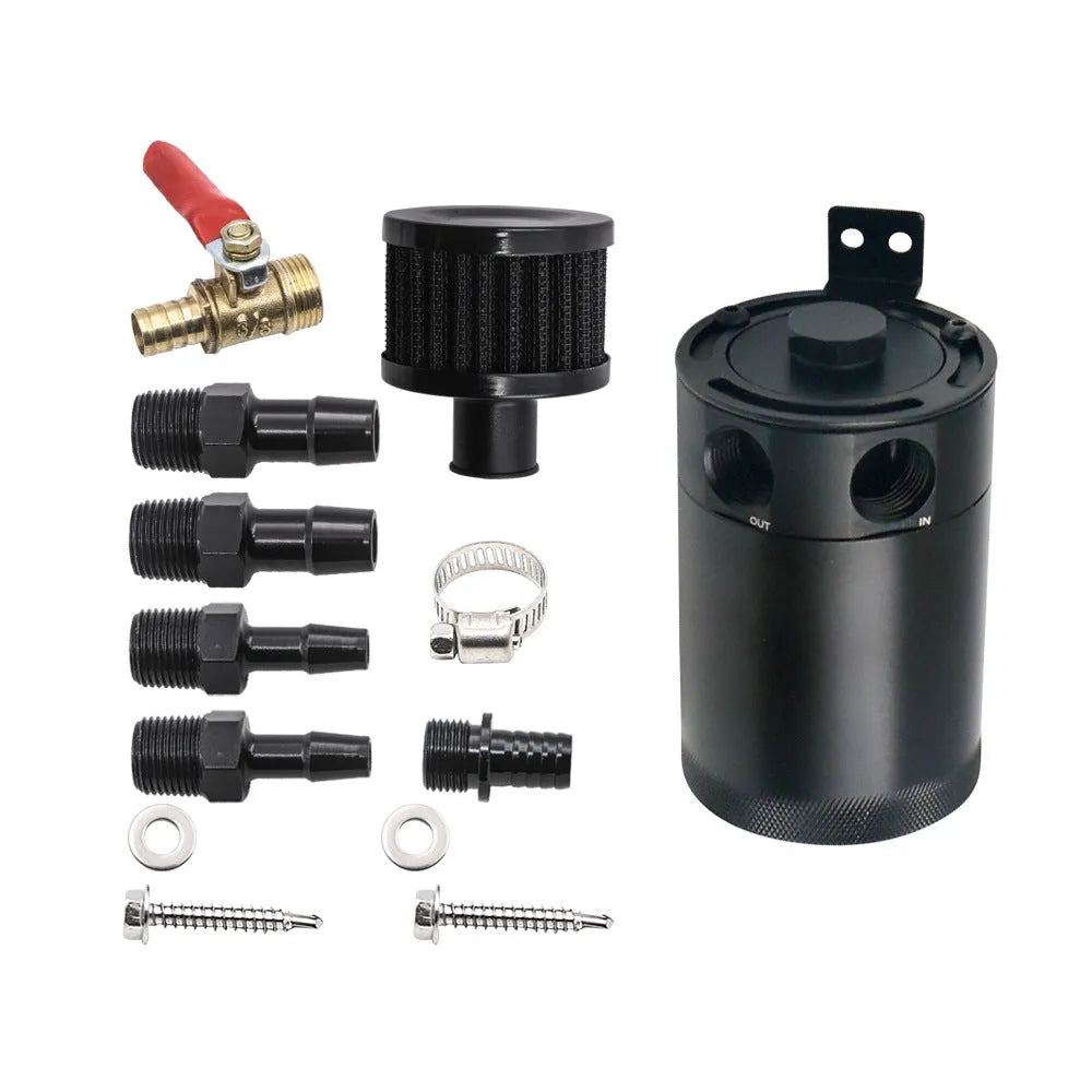Black aluminium automotive oil pot with two connector holes and optional drain valve