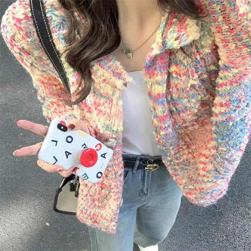 Acrylic retro rainbow sweater cardigan in slim fit free size available in pink or green colours