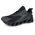 Low top casual shoes in black, white, and dark blue with mesh upper and lace-up front.