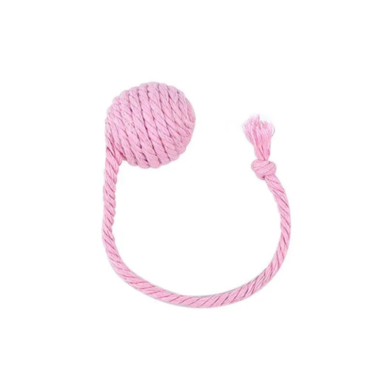 Colourful cat toy ball with rope tail and internal jingle bell in two size options