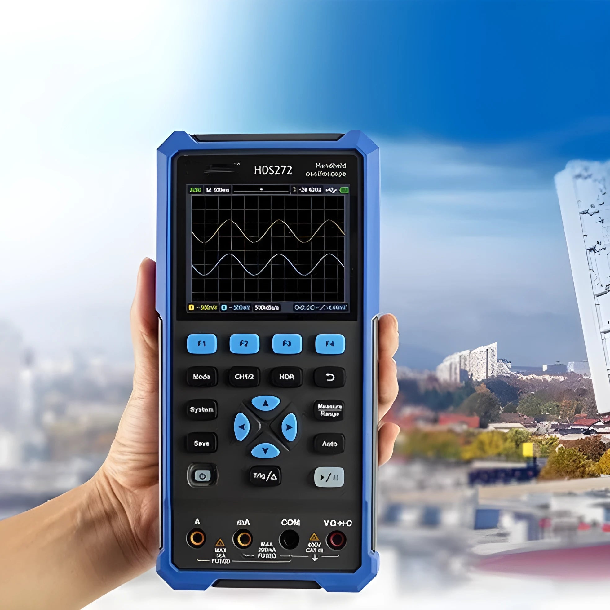 Owon HDS272 handheld digital oscilloscope with display screen and control buttons