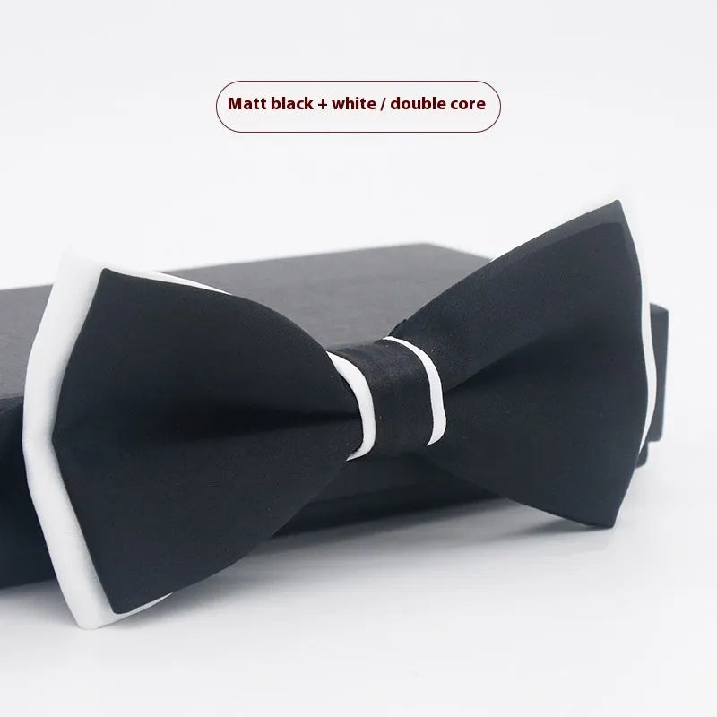Men's flat head style polyester bow tie in a solid colour, shown with adjustable neck strap.