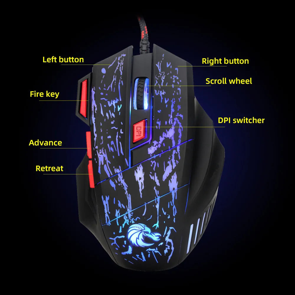 H300BK black gaming mouse with colourful luminous side lighting and USB cable