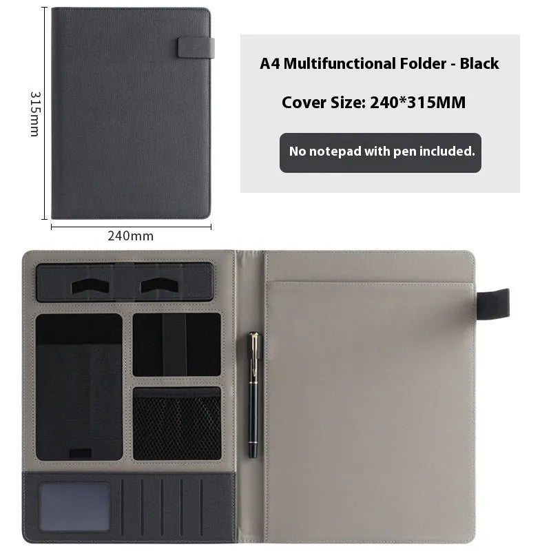 Black leather A4 business folder with pen holder and notepad accessories