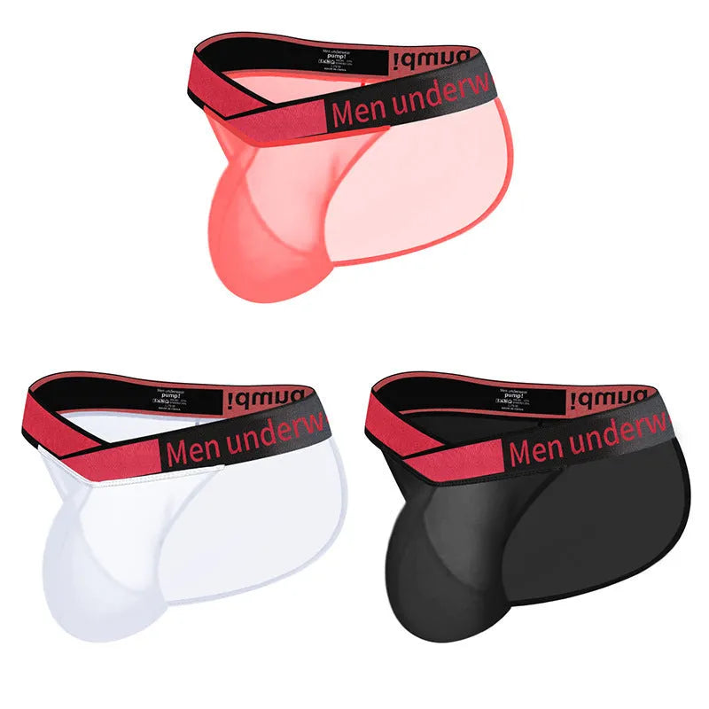 Men's solid colour nylon briefs with a low waist and large V gradient high-cut design.