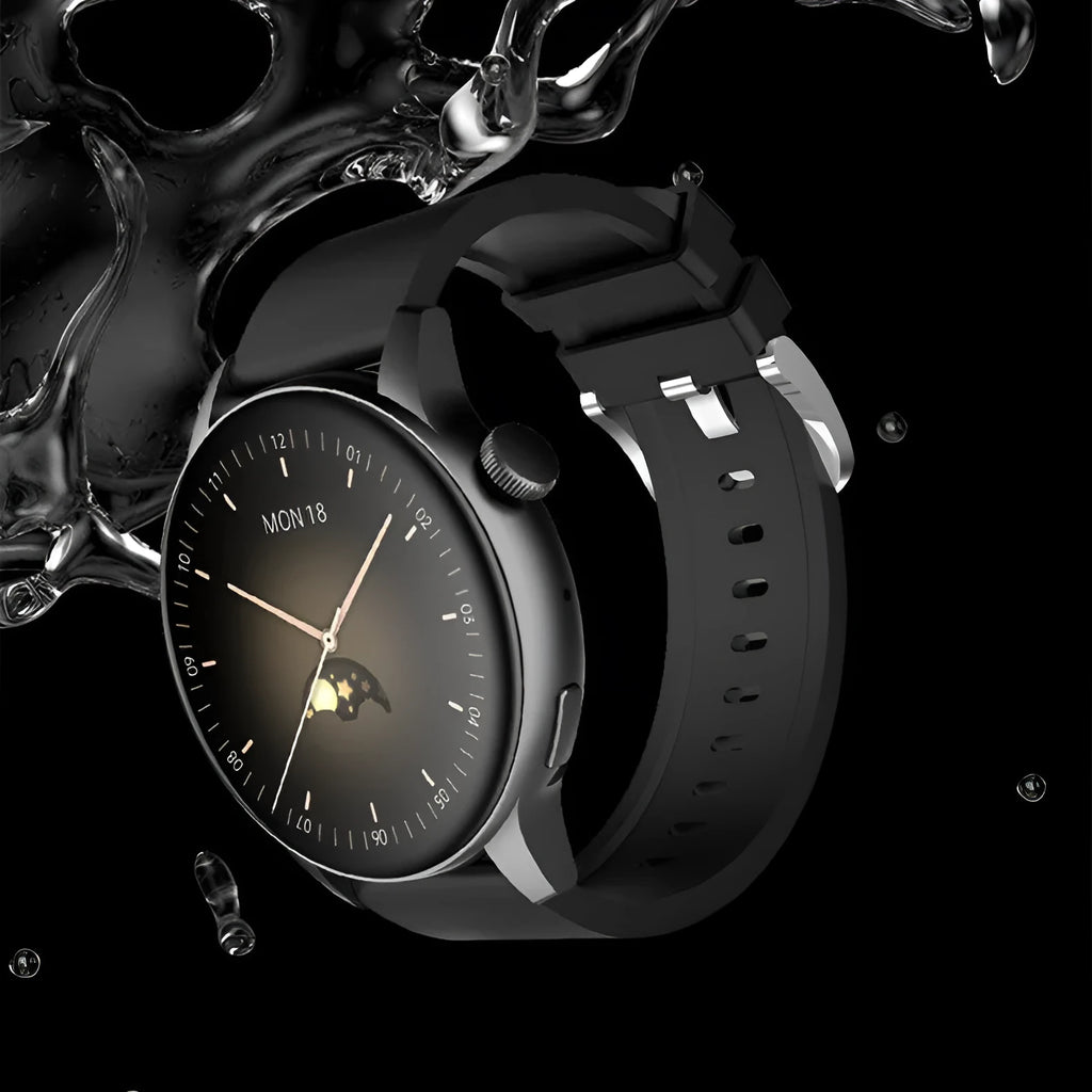 Smart watch with 1.30-inch colour touch screen and stainless steel case in black, pink, or silver
