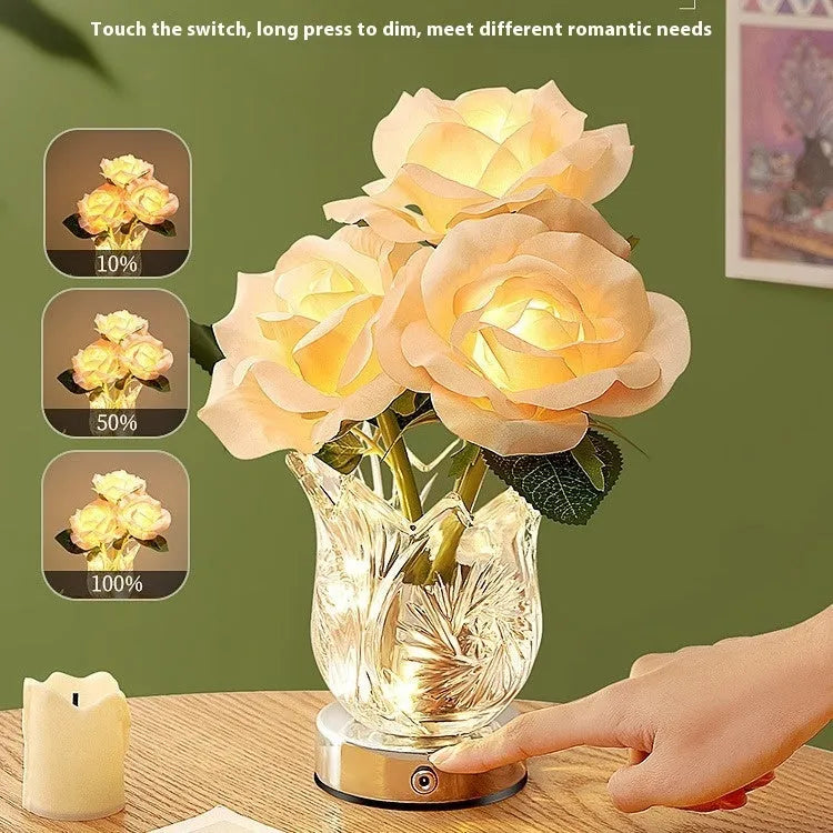 Crystal flowers decorative table lamp with USB charging port and touch-sensitive base for dimming.
