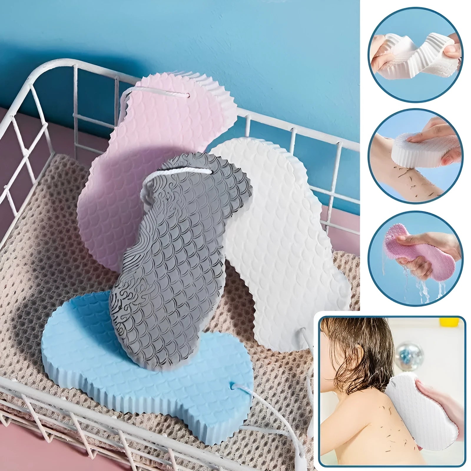 White 3D fish scale pattern bath sponge ball for gentle exfoliation in the shower.