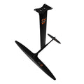 Black carbon fibre and aluminium racing hydrofoil for surfing with large front wing