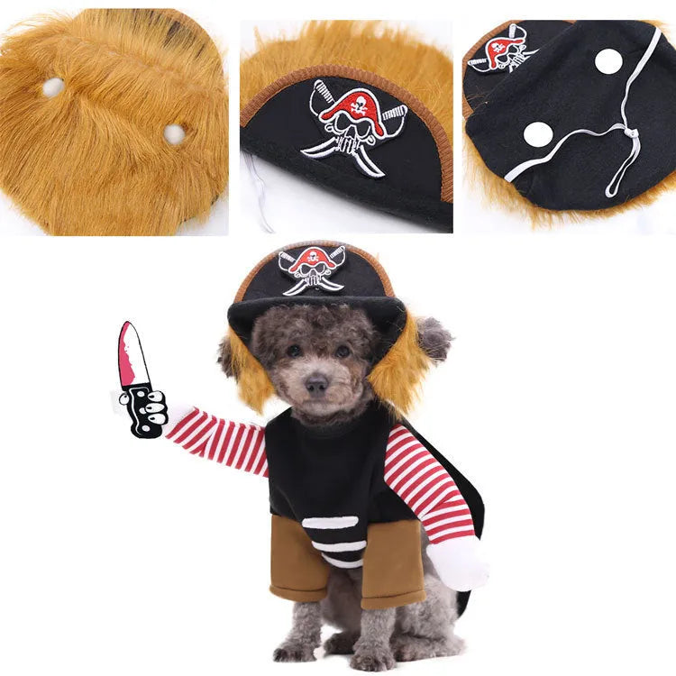 Pirate pet costume for dog or cat made from polyester, includes hat, available in multiple sizes
