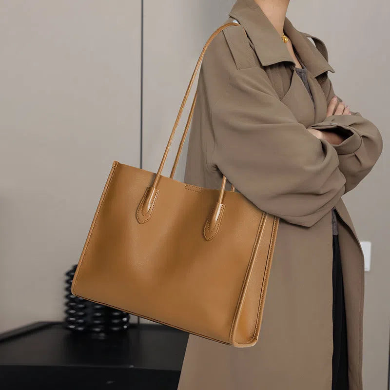 Women's new commuter large capacity genuine leather tote bag in golden brown with double straps and horizontal square shape