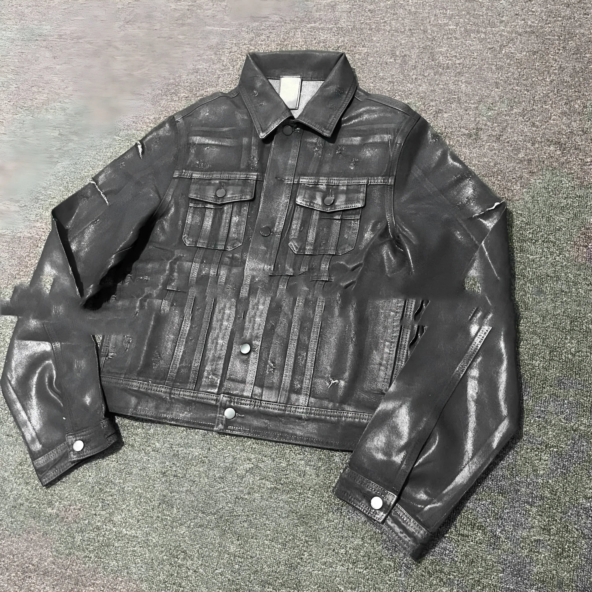 Denim Coat Archive short slim jacket in black with lapel collar and long sleeves
