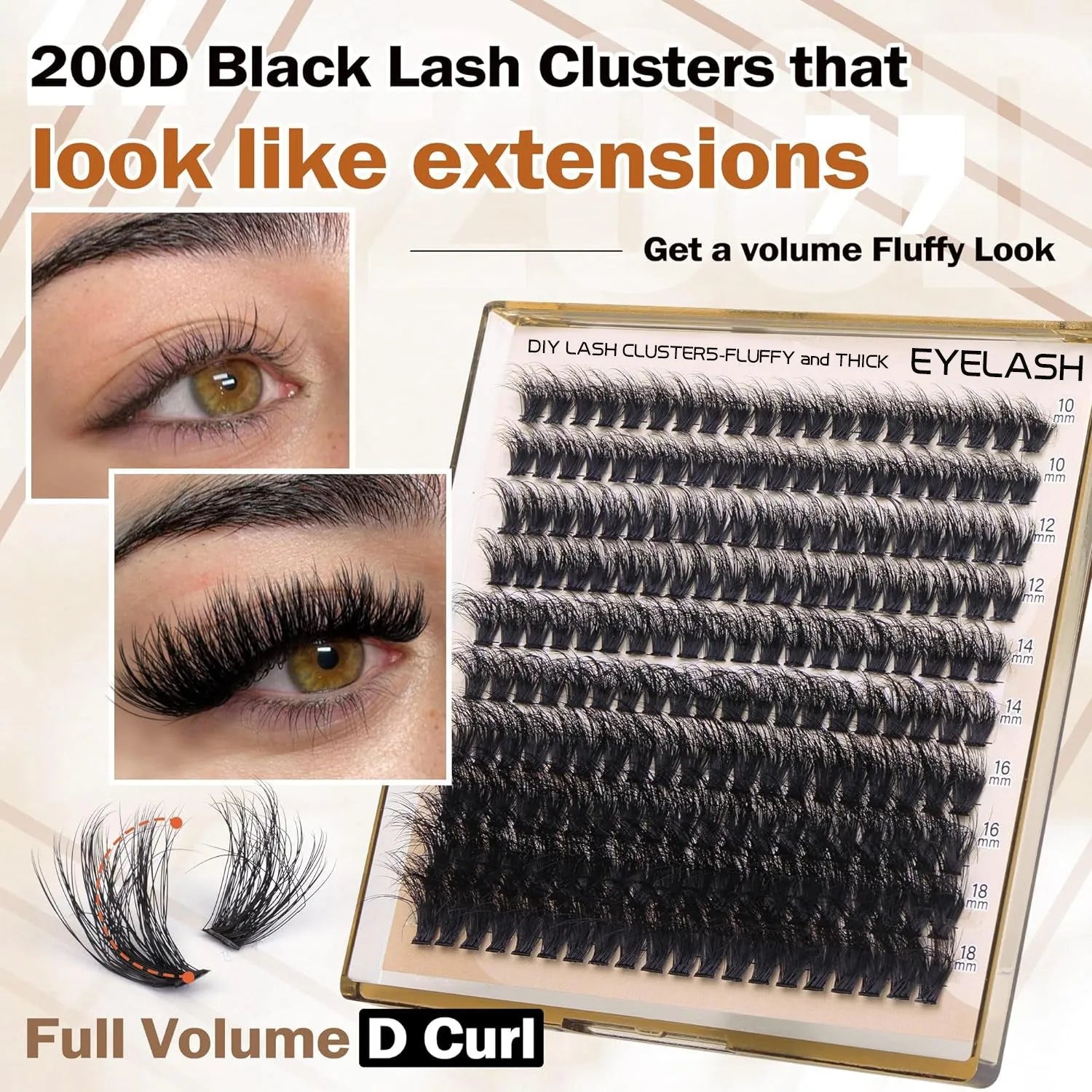 Fluffy faux mink segmented eyelashes 200D high-grade fibre on white background