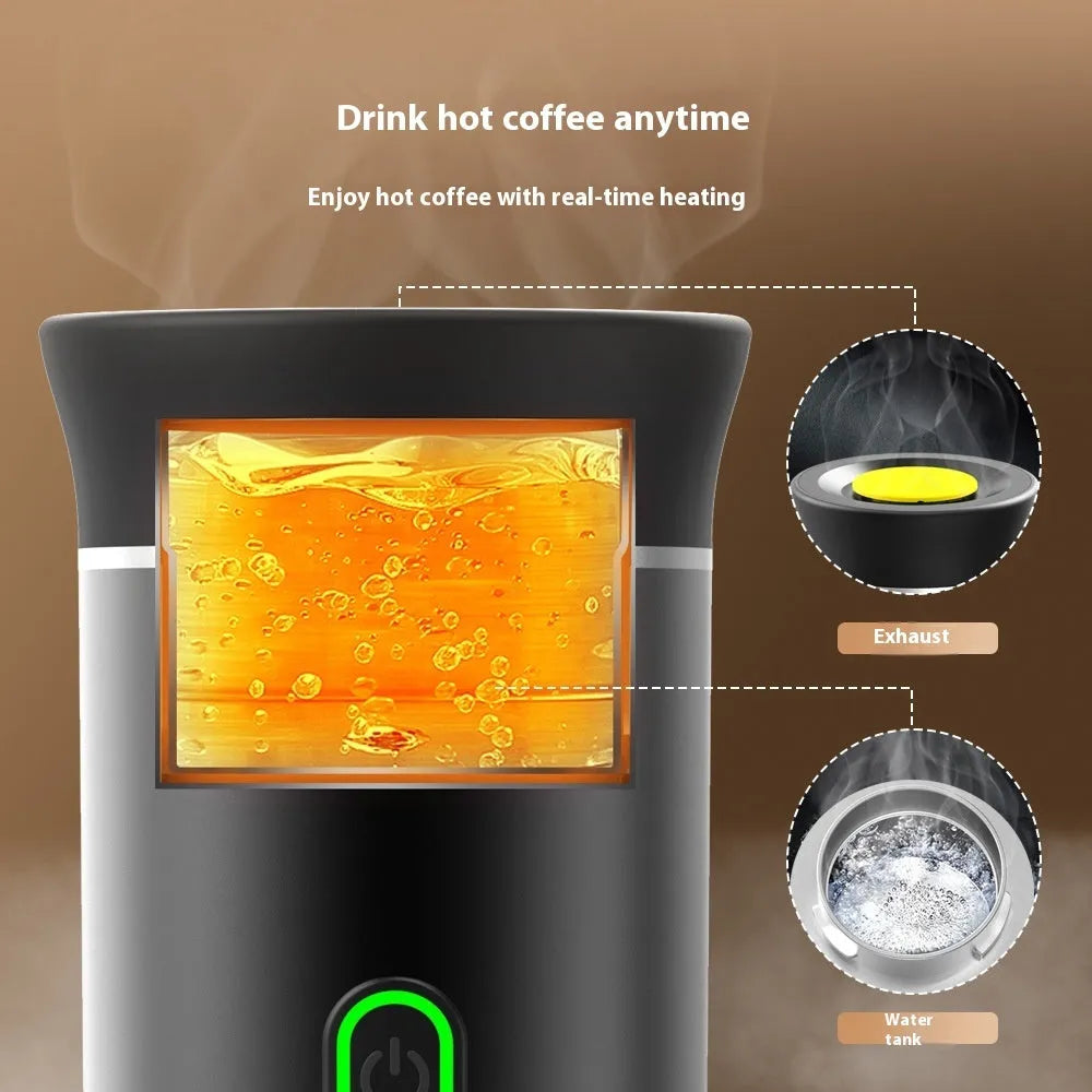 3-in-1 portable espresso maker in white with USB charging cable and ground coffee capsule compartments