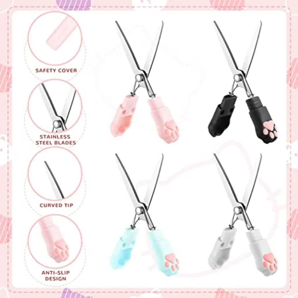 Cat paw mini folding scissors in pink, white, black, and blue colour options