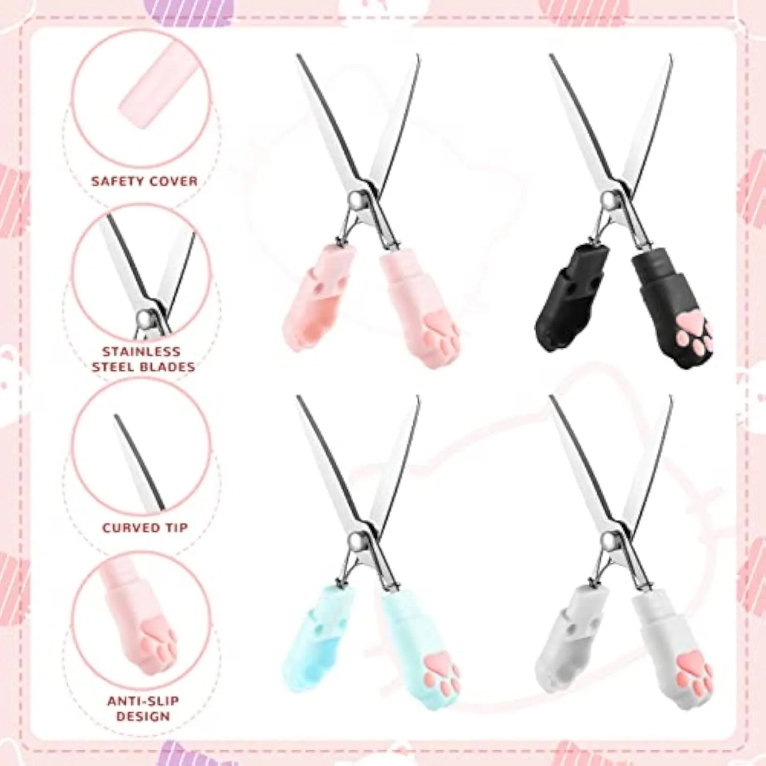Cat paw mini folding scissors in pink, white, black, and blue colour options