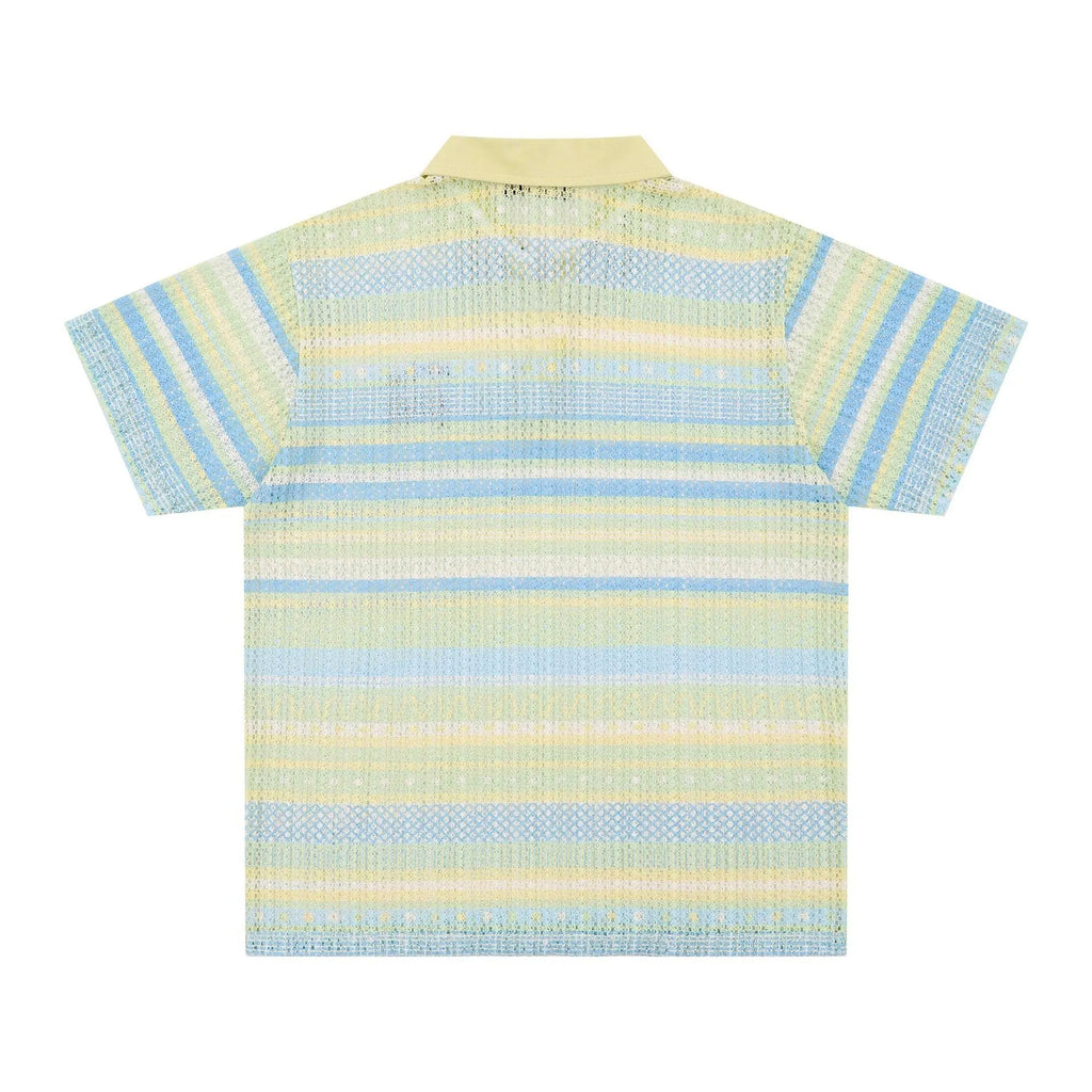 Men's blue printed loose fit casual shirt with short sleeves and elastic polyester fabric