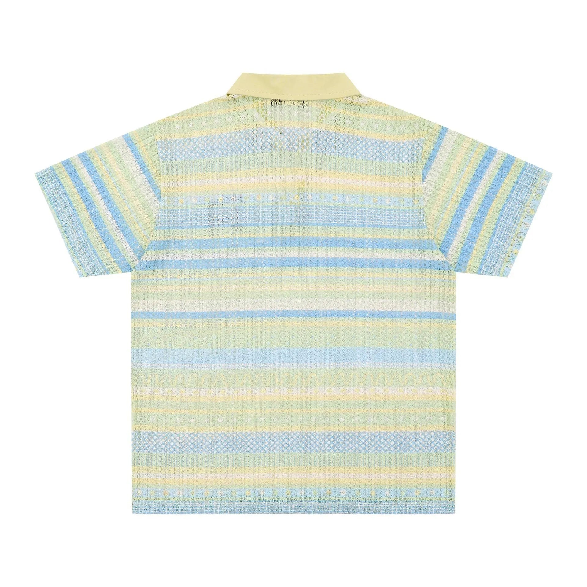 Men's blue printed loose fit casual shirt with short sleeves and elastic polyester fabric