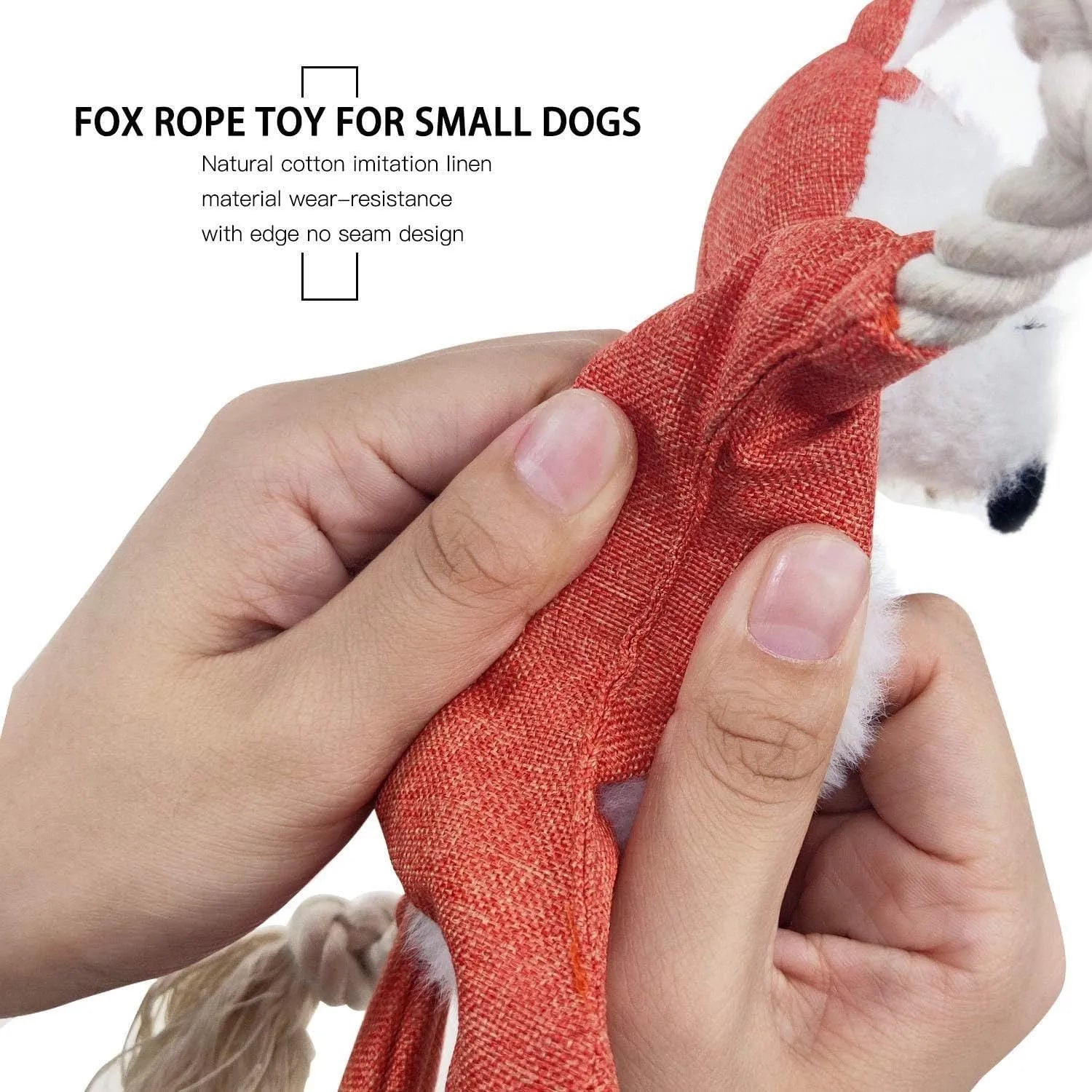 Brown plush fox dog toy with embroidered eyes, rope arms, and a squeaker in its head.