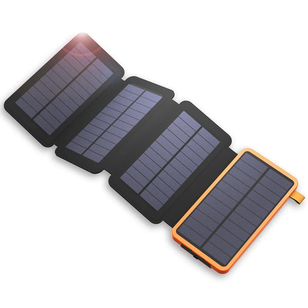 Black solar power bank with leather casing and monocrystalline solar panel showing charging ports and LED light