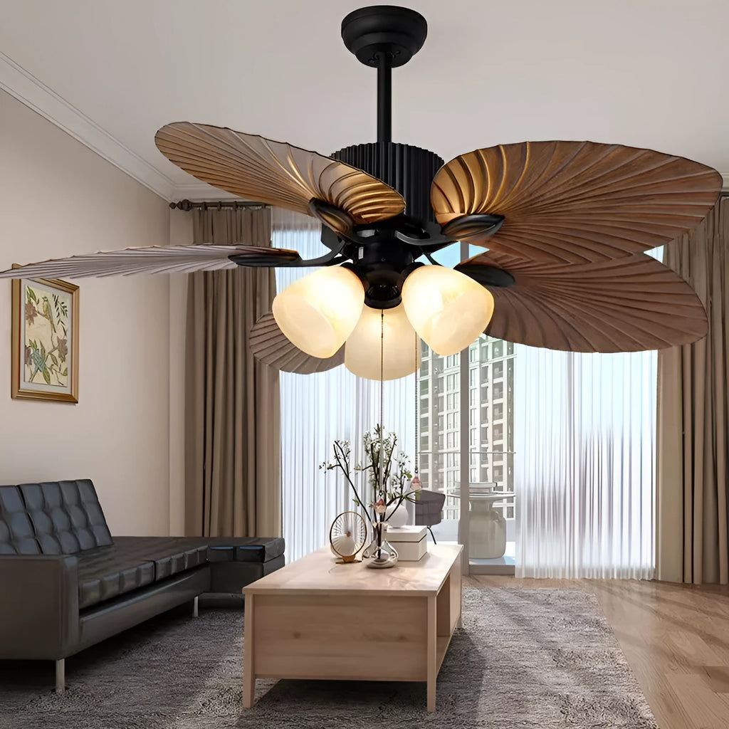 Retro-style brown and copper ceiling fan light with wooden blades and integrated lights.