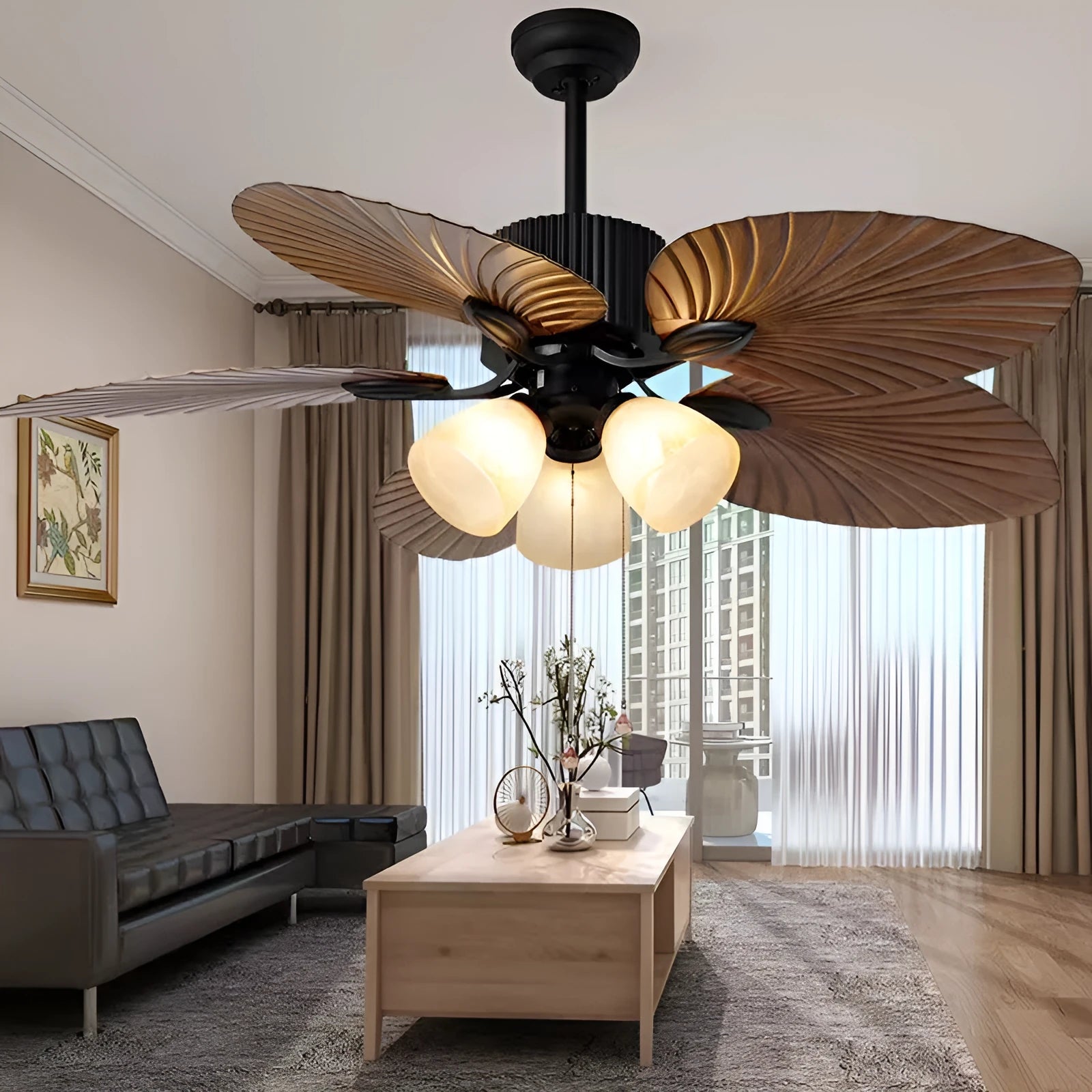 Retro-style brown and copper ceiling fan light with wooden blades and integrated lights.