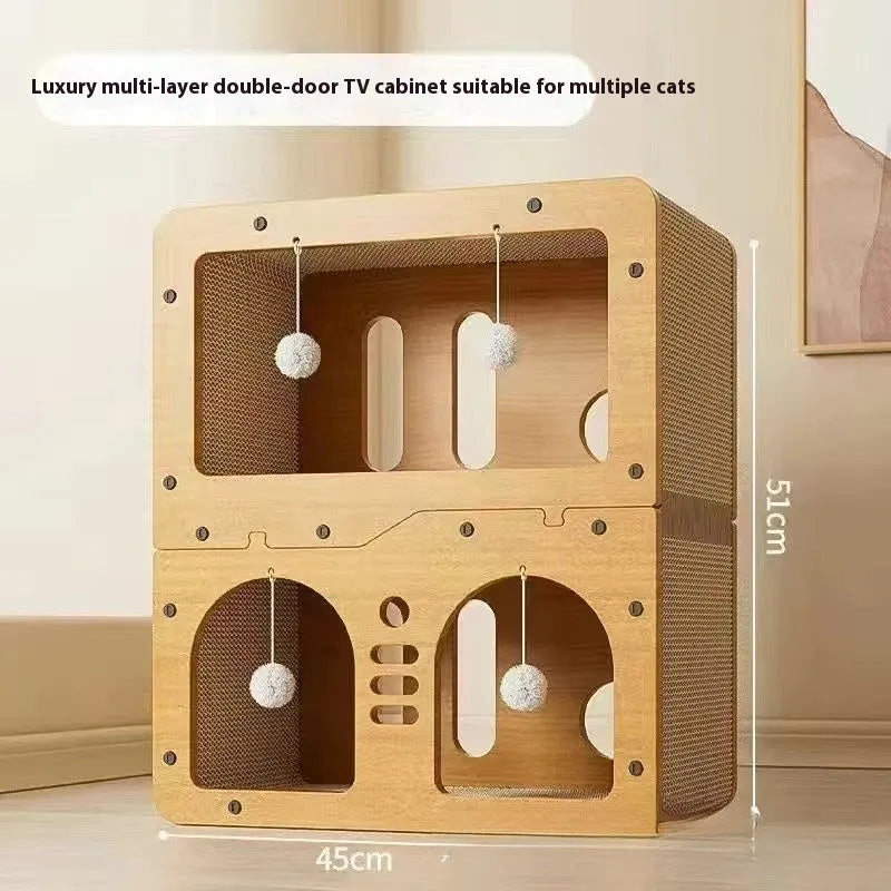 Double-layer cat scratching board with integrated nest in cute owl design