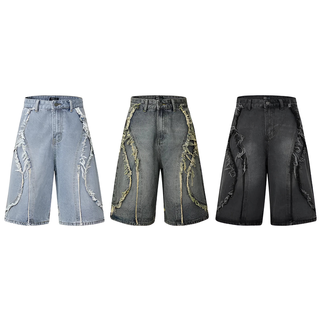 Distressed raw edge denim shorts in black, dark blue, and light blue for hip hop streetwear.