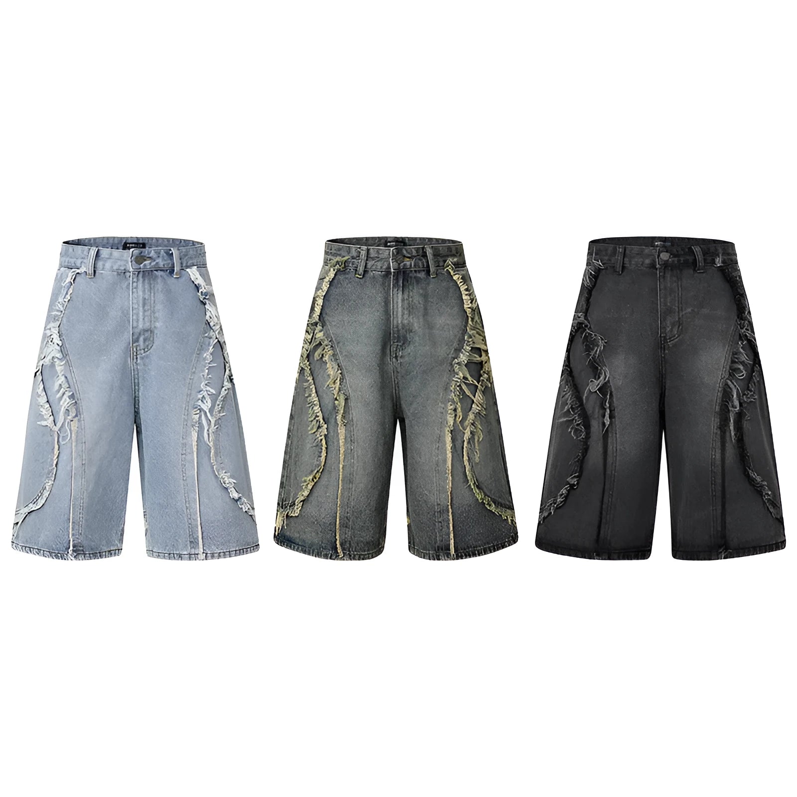 Distressed raw edge denim shorts in black, dark blue, and light blue for hip hop streetwear.