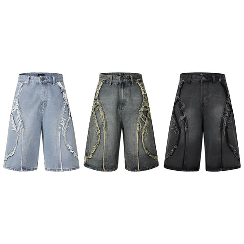 Distressed raw edge denim shorts in black, dark blue, and light blue for hip hop streetwear.