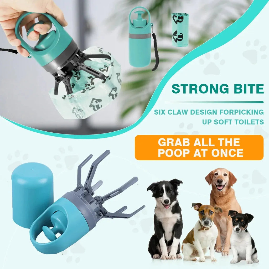 Blue and orange pet pooper scooper with claw design and included garbage bag roll